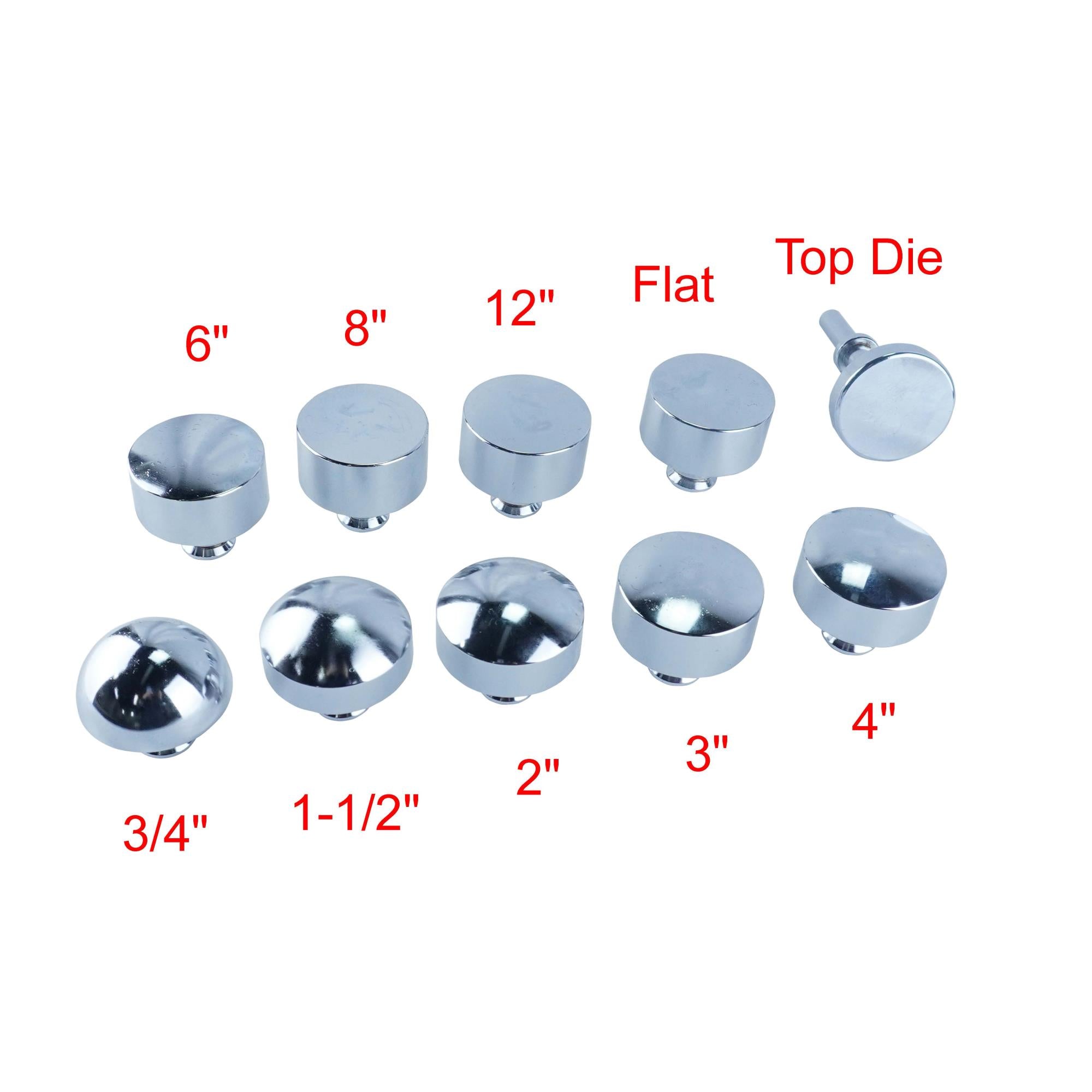10 Piece Planishing Hammer Die Set 1 Top die,  9 bottom dies Flat, 3/4", 1-1/2", 2", 3", 4", 6", 8", and 12"